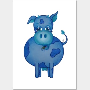 Chill Cow - Peaceful Blue Cartoon Cow Posters and Art